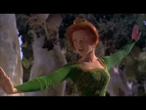 Shrek 2001 theatrical trailer still with Shrek, Donkey and Fiona in the swamp