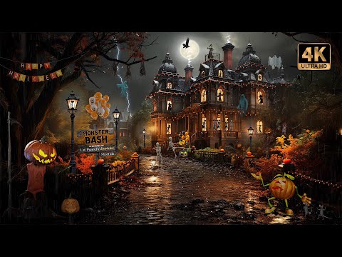 Monster Bash Halloween Party Ambience with Halloween Music, Spooky Sounds, Rain & Thunder | 4K 🎃👻💀