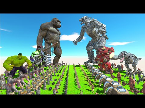 Team King Kong + Hulk VS Team MechaGodzilla 2021 + Tex Rex - Animal Revolt Battle Simulator
