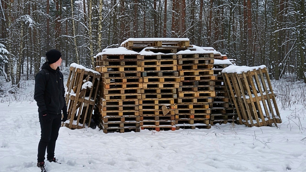 From ABANDONED PALLETS to a SNOW CABIN in the Forest | by @lesnoy