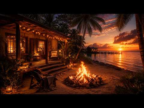 Tropical Sunset Escape 🌴 Cozy Beach Campfire Ambience & Ocean Waves (10 Hours)
