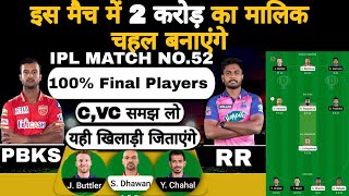 Pbks vs rr ipl 52nd match dream11 team of today match | pbks vs rr dream11 team