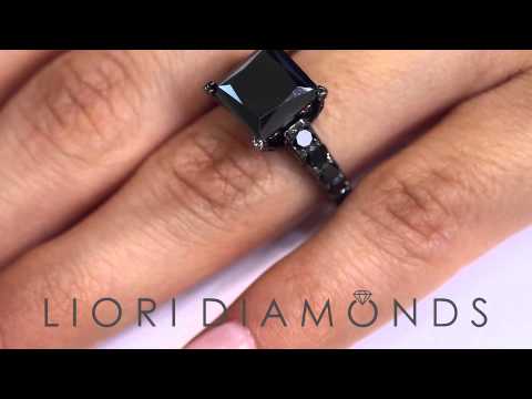 BDR-246 - 5.88 Carat Princess Cut Natural Black Diamond Engagement Ring 14k Black Gold
