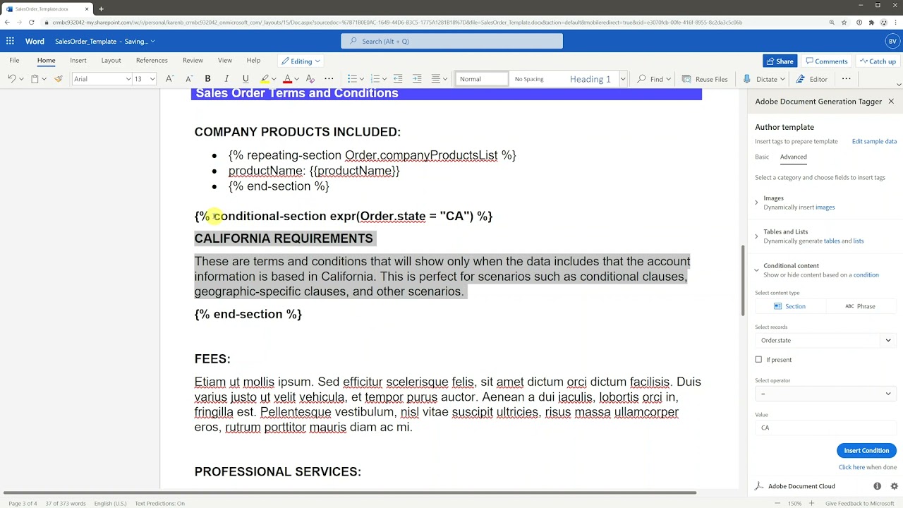 Adobe Document Generation API: Conditional Content
