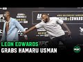 Leon Edwards grabs Kamaru Usman’s arm at UFC 278 face offs