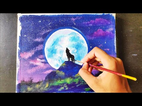 Acrylic art(A big full moon and wolf painting) tutorial for beginners step by step EPISODE#26