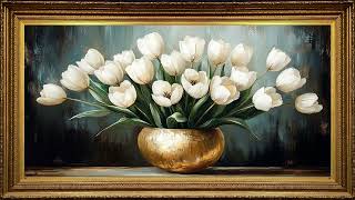 White Tulips in Gold Vase, Vintage Oil Painting 4K UHD | Framed Art Screensaver for TV