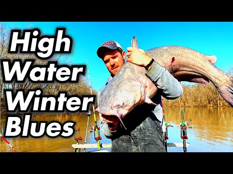 BIG BLUE CATFISH in dangerous waters from a tiny boat!!