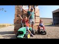 Playing with kids tractors and real tractors smashing boxes | Tractors for kids
