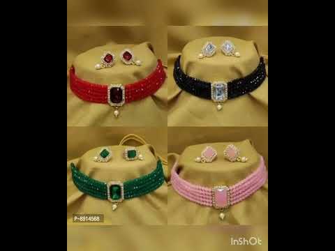 Alliance Fancy Combo Red Black Grey Pink Crystal Choker With Earrings Jewellery Set (4 Combo)