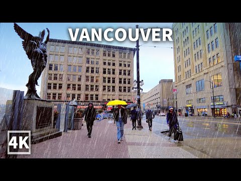 【4K】Downtown Vancouver Walk on A Cold Rainy Day, Travel Canada 2023, Binaural City Sounds