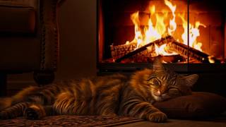 🐾 Sleep Instantly with Cozy Cat by the Fire & Heavy Rain 🔥 Relaxing Purr Sounds & Fireplace Ambience