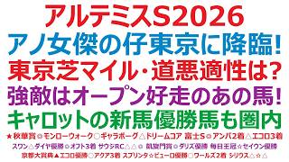 【アルテミスステークス2026】予想　アノ女傑の仔が東京競馬場に降臨！東京芝マイル・道悪適性はあるのか？強敵は、オープン好走のアノ馬！キャロットの新馬戦優勝馬も、当然優勝圏内です。