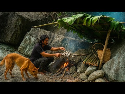 Wild survival, catching fish with hands, cooking, making shelter in the forest, with lulu