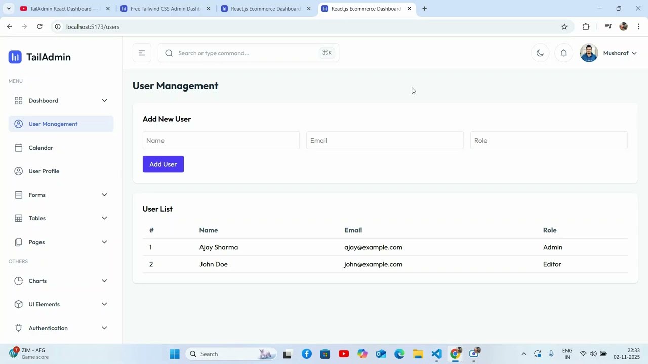 TailAdmin React Dashboard — Add User Management Page (Full Setup + Customization)