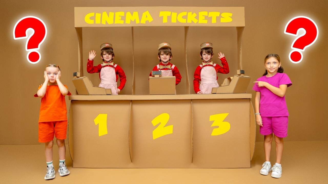 Kids Play in Cardboard Cinema: Wrong Doors Challenge with Dinosaurs!