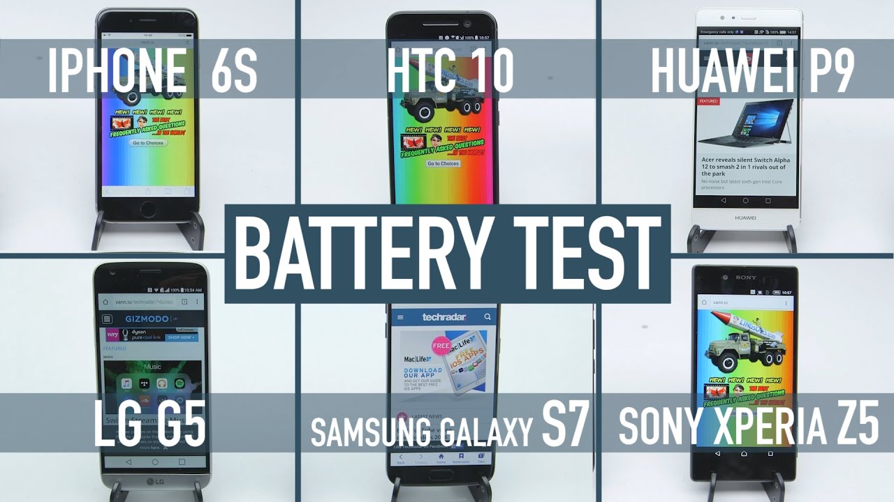 Smartphone battery test: iPhone 6S v Galaxy S7 v HTC 10 v LG G5 v Huawei P9 v Xperia Z5 - YouTube