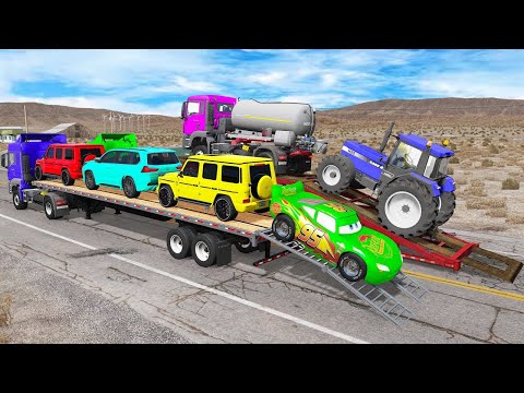 TRANSPORTING PIXAR CARS & FRUITS WITH COLORED & JOHN DEERE vs CLAAS vs TRACTORS - BeamNG.drive #962