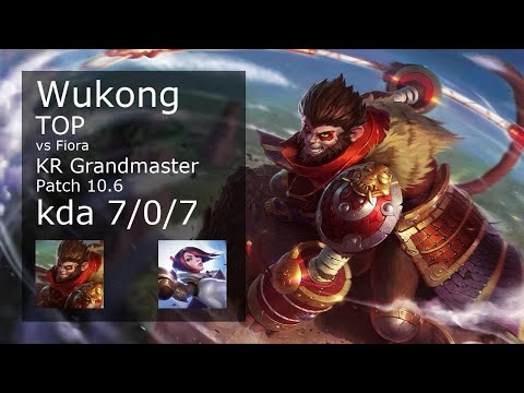 Wukong Top vs Fiora - KR Grandmaster 7/0/7 Patch 10.6 Gameplay // [롤] 오공 vs 피오라 탑