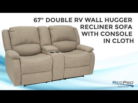 RecPro Charles 67" Double RV Wall Hugger Recliner Sofa with Console in Cloth