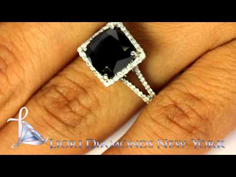 BDR-223 - 4.04 Carat Certified Cushion Cut Black Diamond Ring 18k Pave Halo Vintage Style
