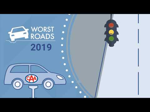 Illustration containing a stop light, a vehicle on a jack and the Worst Roads 2019 logo