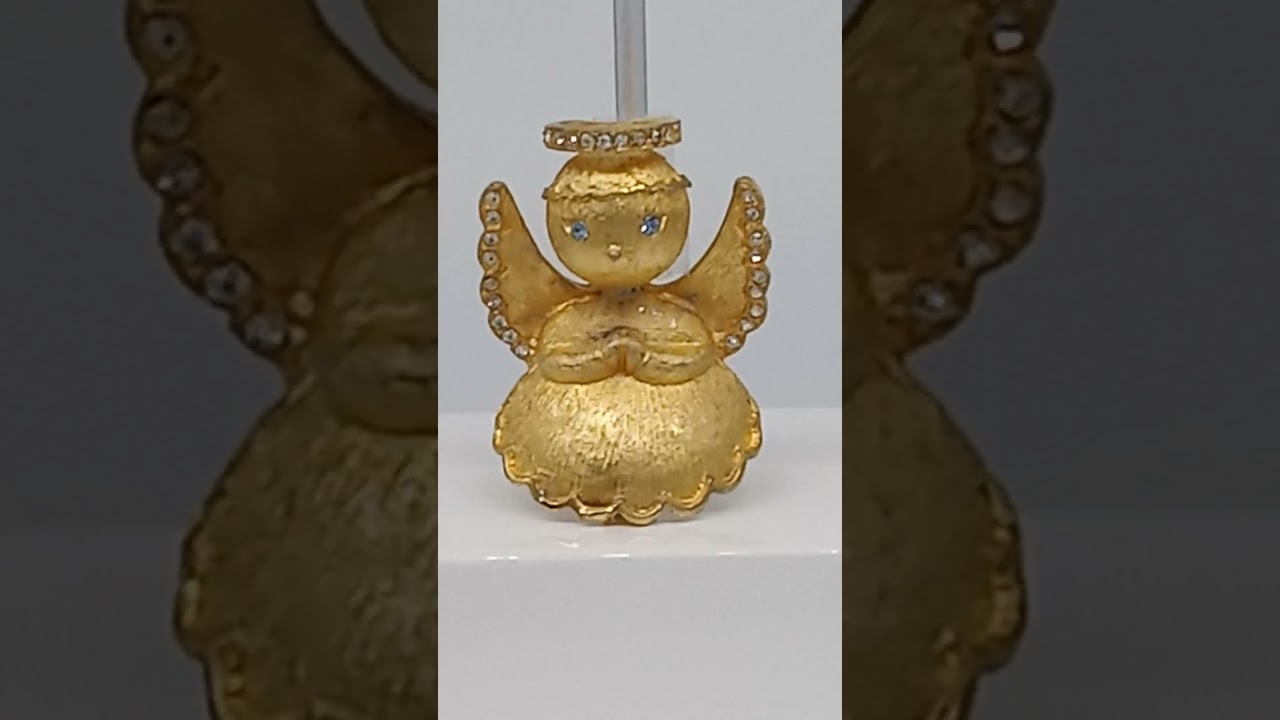 Vintage Angel Brooch Pin Halo Wings Rhinestones Signed Ultra Gold Tone Christmas