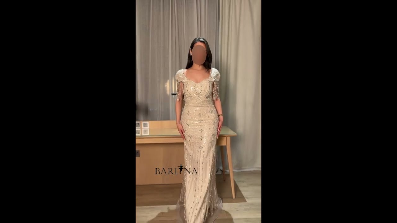 فستان سهرة بيج مزين بشراشيب خرزية  - XXL