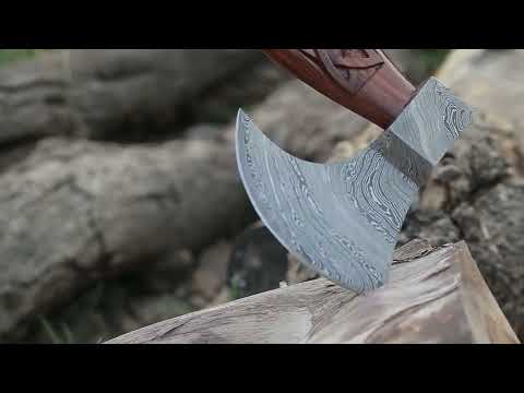 Custom Forged Damascus Steel Viking Axe with Rose Wood Valknuts Carving Shaft, Viking Camping Axe