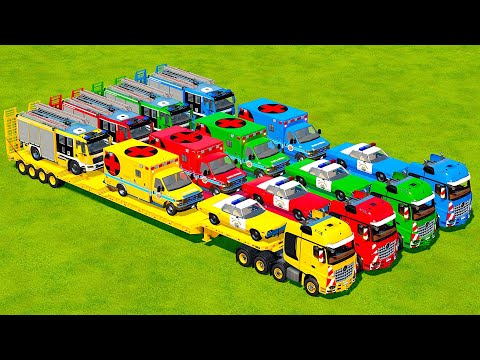 TRANSPORTING POLICE CARS, AMBULANCE & FIRE ENGINES WITH MERCEDES TRUCKS! Farming Simulator 22