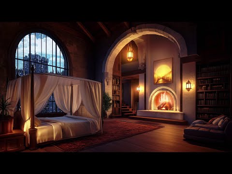Heavy Thunderstorm in a Cozy Feudal Castle Room Haven with Rain and Fireplace Sounds To Sleep