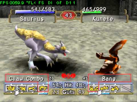 Monster Rancher 2 Battles: Saurius (Zuum/Gali) vs. Kunete (Hare/Worm)