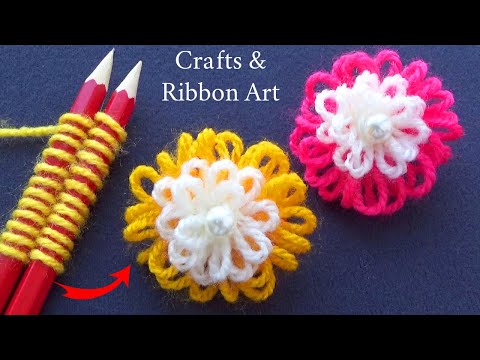 Amazing Woolen Craft Ideas with Pencil - Hand Embroidery Flower Design - DIY Woolen Flowers