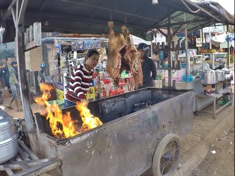 วัวหันน้ำปลาร้าอร่อยมากที่รัตนคีรีประเทศกัมพูชา  barbecued suckling cow with  Pickled fish