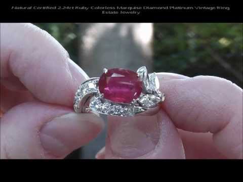 Natural Certified 2 24ct Ruby Colorless Marquise Diamond Platinum Vintage Ring Estate Jewelry