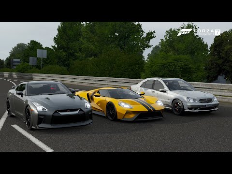 Forza 7 Drag race: Nissan GTR (735hp) vs Ford GT '17 vs Mercedes-Benz C32 AMG (625hp)