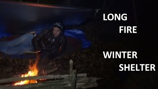 Long fire Winter Shelter, Bushcraft, Wool blanket and Survival blanket.