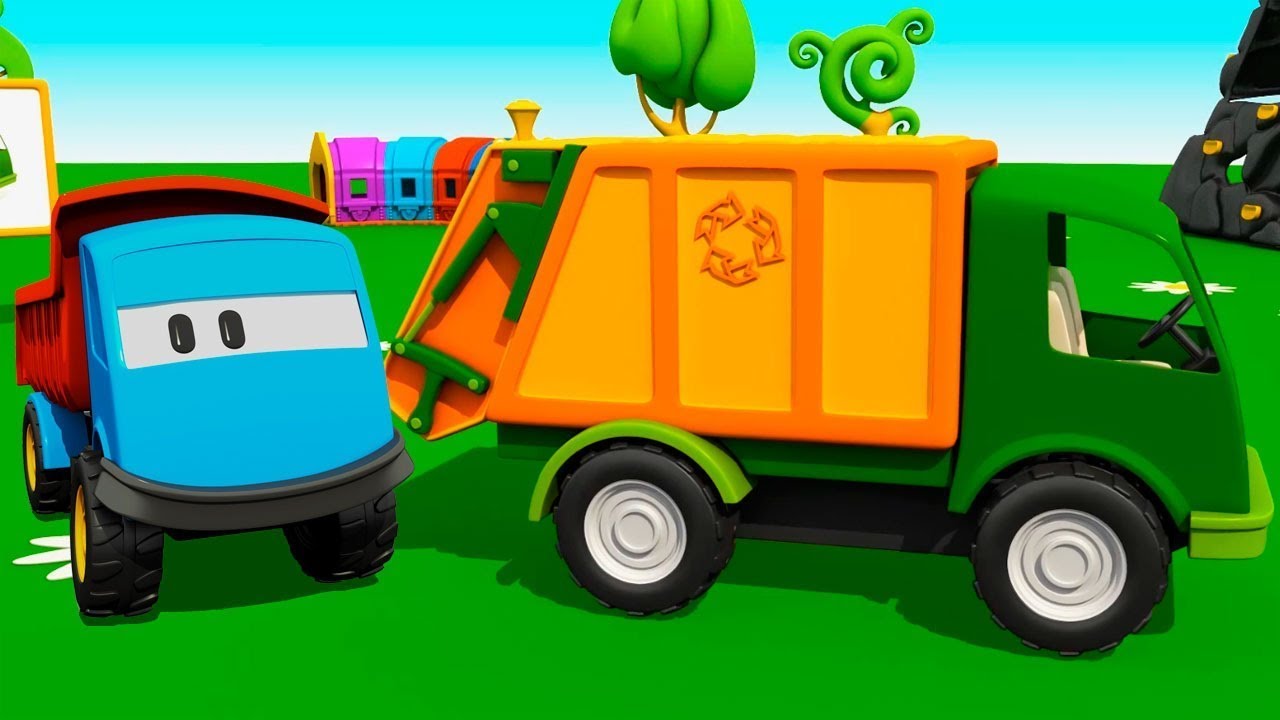 Léo o caminhão. Um caminhão de lixo. Desenhos animados de carros
