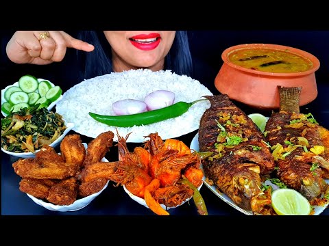 ASMR:DELICIOUS PRAWN JHAL FRY+SPICY CHICKEN WINGS FRY+SPICY TILAPIA FISH FRY||ZAKIA-SPICY ASMR