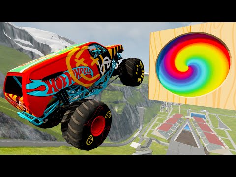 BeamNG Monster Jam Trucks Long Jump Through Giant Portal