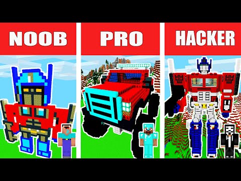 Minecraft NOOB vs PRO vs HACKER: MODERN TRANSFORMERS OPTIMUS STATUE HOUSE BUILD CHALLENGE