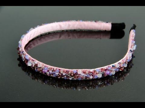 Ободок для волос разноцветный розовый фиолетовый с бисером и бусинами Первые цветы Ручная работа - фото 1 - id-p1418683762