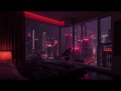 TechnoTopia | Calm Red Room City Lights View | Relaxing Soothing Background Rain Sounds | 1 Hour
