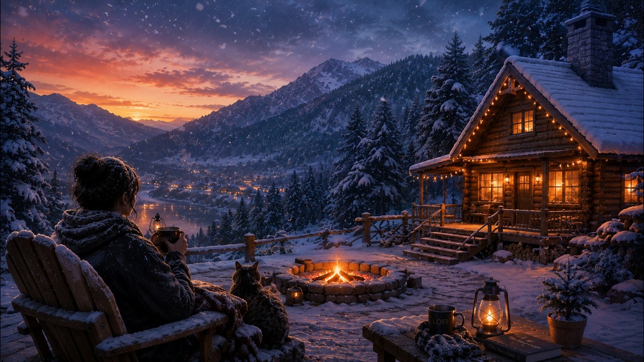 Snow Cabin at Sunset ❄️ Cozy Lofi Beats | Winter Forest, Gentle Snowfall & Relaxing Evening Ambience