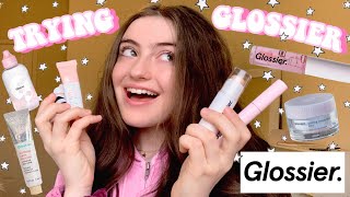 trying GLOSSIER products // skin tint, haloscope highlighter, lash stick, and balm dotcom !!