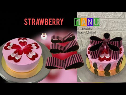 Strawberry Bliss Cake | Elegant Design with Chocolate Ribbon | Manu Bakers, Rohini