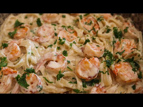 Receta de fetuccini con camarones en salsa Alfredo 😋🦐