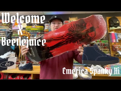 Welcome Skateboards X Beetlejuice, Emerica Footwear Spanky Hi skate shop Review. Skateboard Unboxing