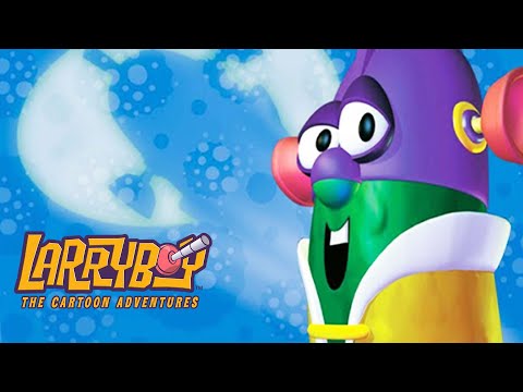 Cartoon cover featuring LarryBoy, a purple helmeted superhero with a green suit, on a blue bubbly background, logo reads 'LarryBoy: The Cartoon Adventures'