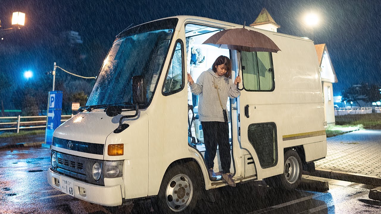Rain Car Camping with Vintage Delivery Van